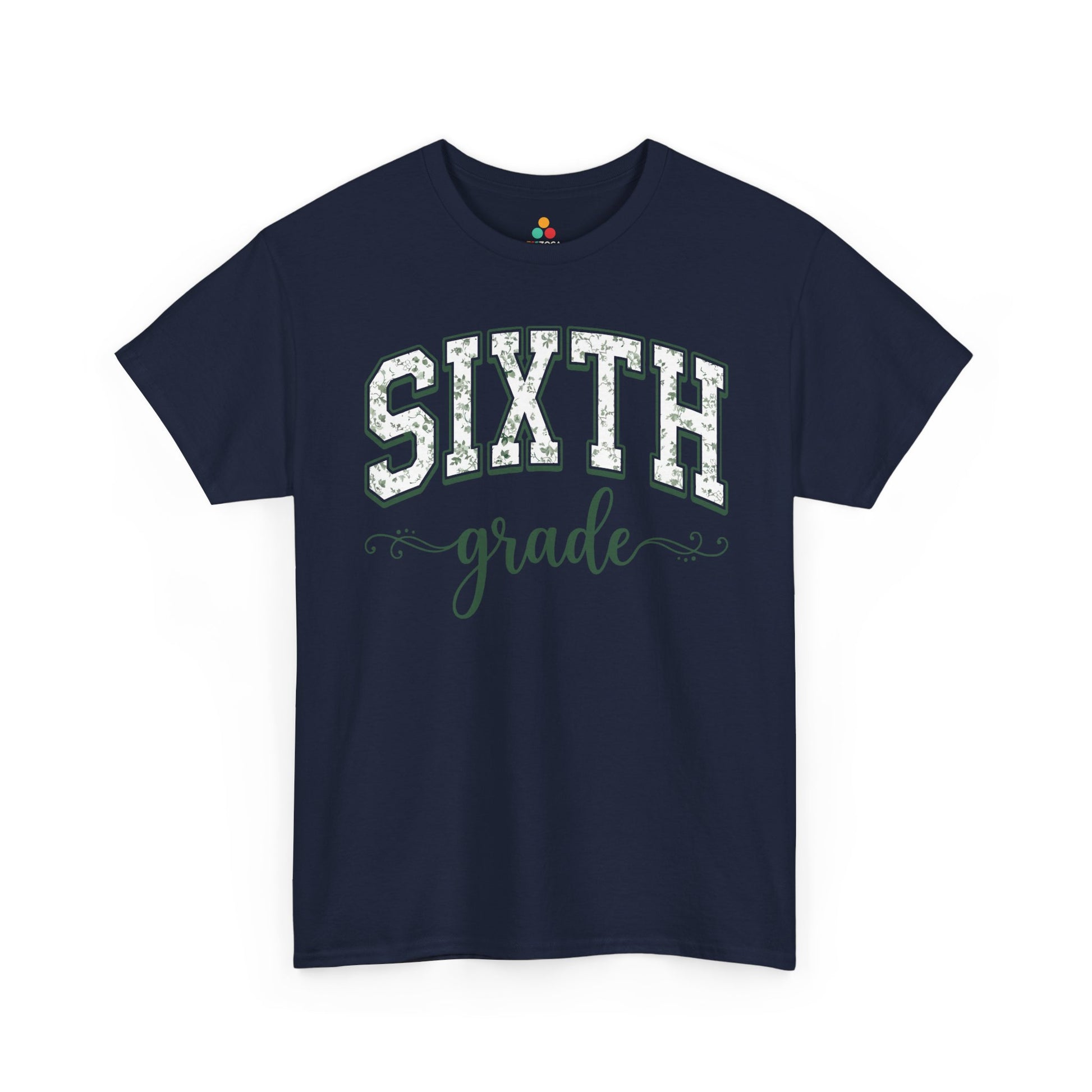 Navy t-shirt with 'SIXTH grade' text on a white background. TEEZOCA floral sixth grade shirt for adults, the kind of teacher tee shoppers find on Amazon and Etsy for the new school year.
