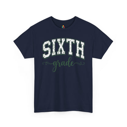 Navy t-shirt with 'SIXTH grade' text on a white background. TEEZOCA floral sixth grade shirt for adults, the kind of teacher tee shoppers find on Amazon and Etsy for the new school year.
