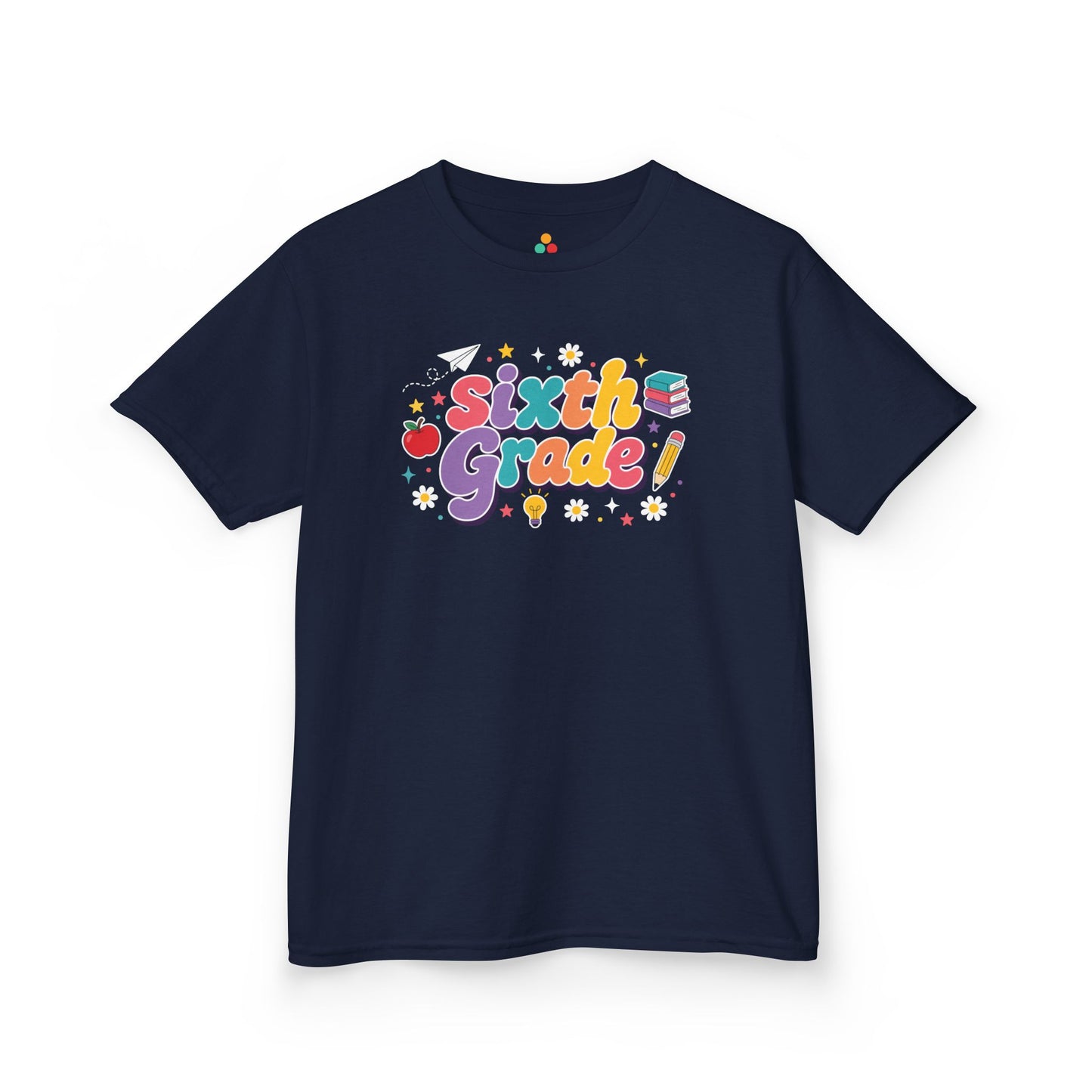 Navy t-shirt with 'Sixth Grade!' text and graphics on a white background. TEEZOCA t-shirt with colorful Sixth Grade bubble letters, school icons, daisies, stars, and a playful sixth grade shirt design.