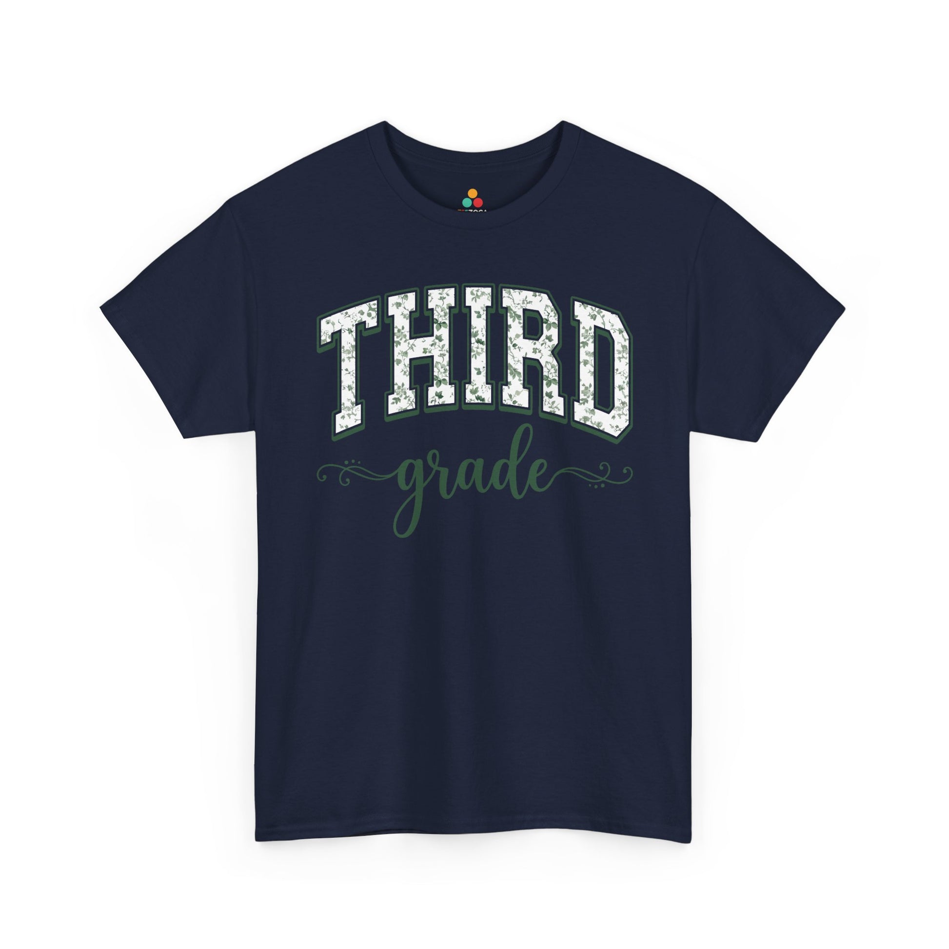 Navy t-shirt with 'THIRD grade' text on a white background. Matching third grade shirt by TEEZOCA in sage florals, worn by an adult alongside a new third grader on the first day of school.
