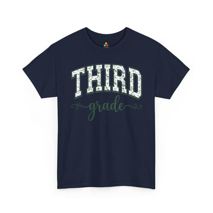 Navy t-shirt with 'THIRD grade' text on a white background. Matching third grade shirt by TEEZOCA in sage florals, worn by an adult alongside a new third grader on the first day of school.
