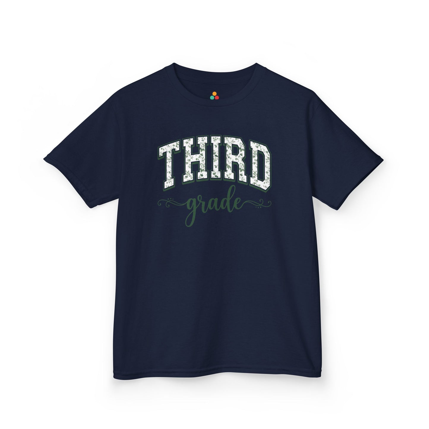 Navy t-shirt with 'Third grade' printed in white on a white background. Cute third grade kids t-shirt from TEEZOCA for the first day of third grade, styled for a new third grader.
