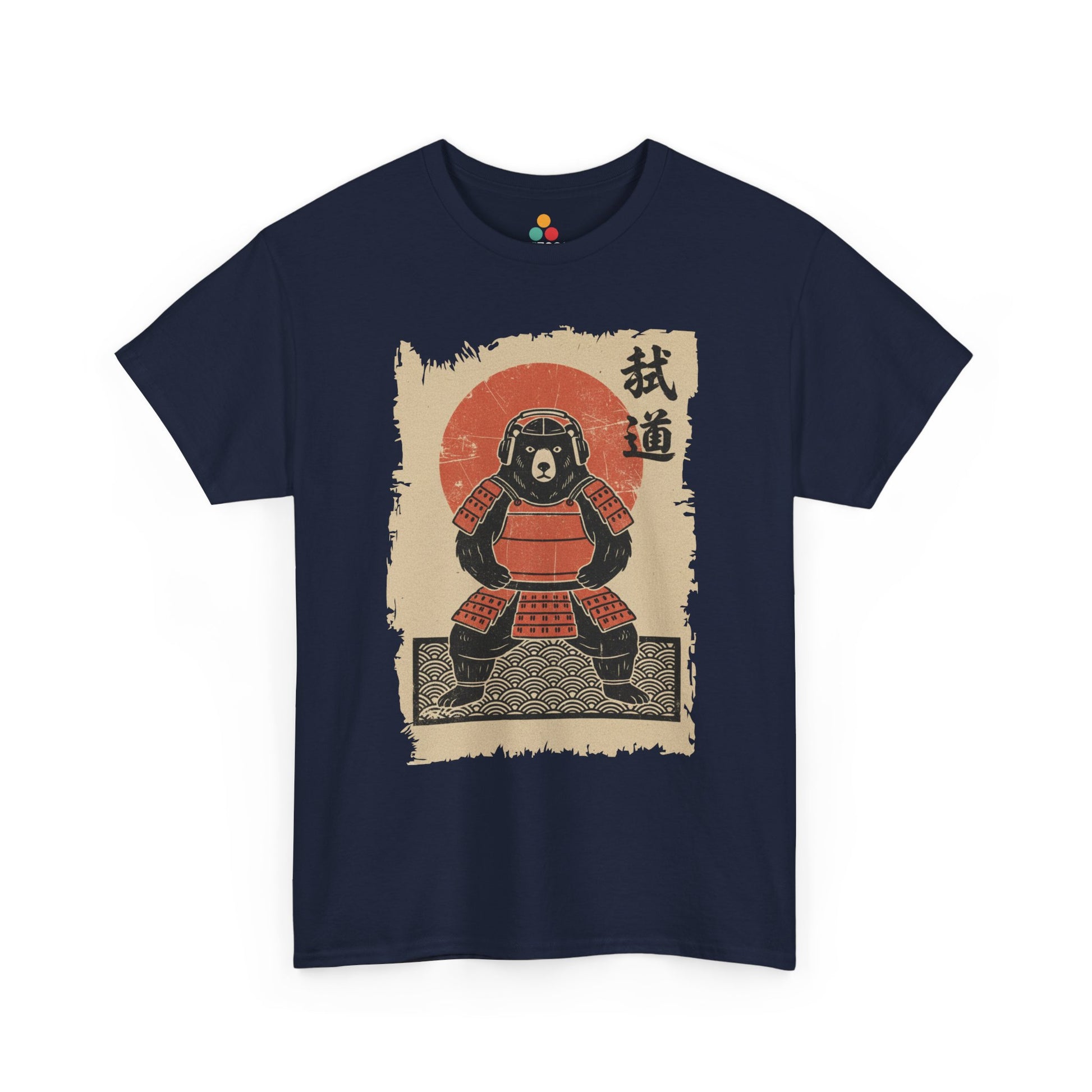 Navy t-shirt with a graphic of A Vintage Japanese ukiyo-e style bear samurai in red armor with red sun background.​

