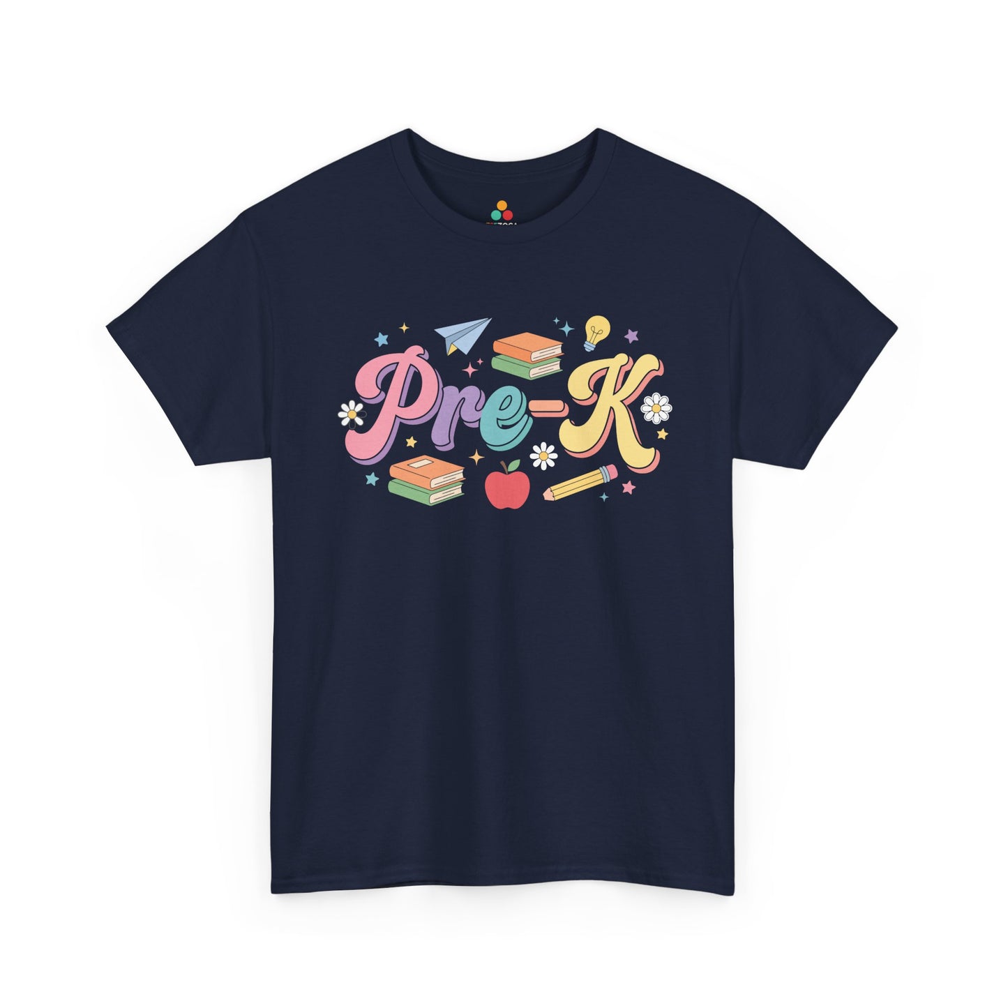 Navy t-shirt with colorful 'Pre-K' design on a white background. A pastel TEEZOCA t-shirt with retro “Pre-K” script and playful classroom symbols for shoppers browsing pre-k teacher shirts on Amazon.