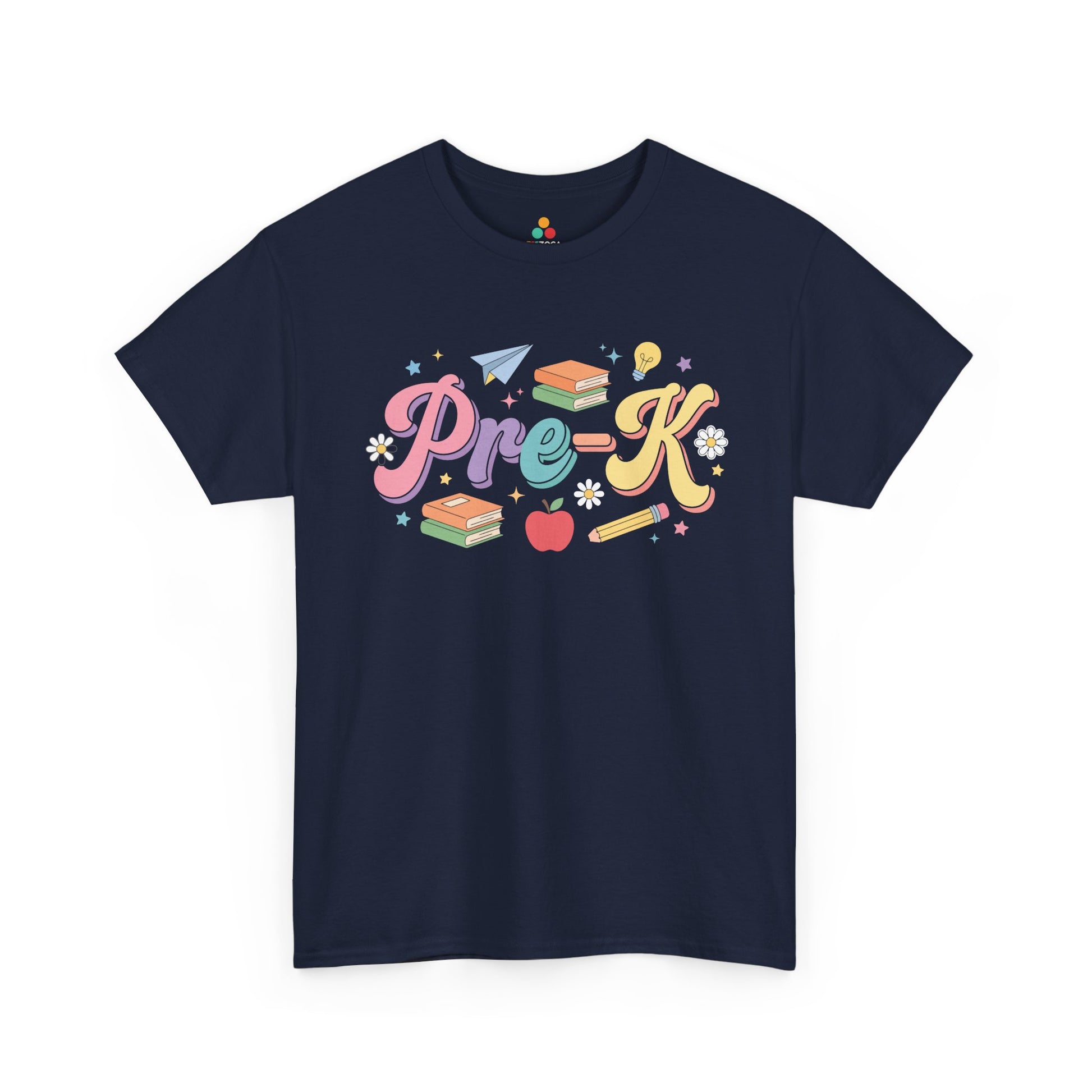 Navy t-shirt with colorful 'Pre-K' design on a white background. A pastel TEEZOCA t-shirt with retro “Pre-K” script and playful classroom symbols for shoppers browsing pre-k teacher shirts on Amazon.
