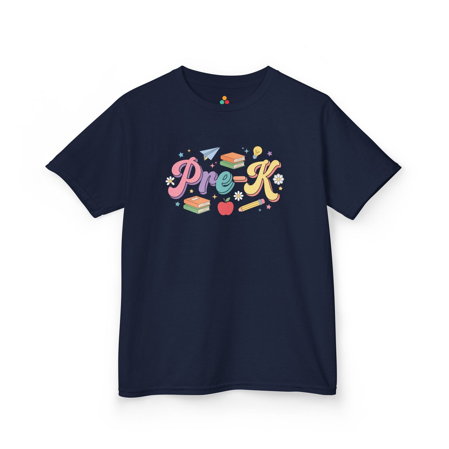 Navy t-shirt with colorful 'Pre-K' design on a white background. TEEZOCA t-shirt featuring Pre-K word art with books, apple, pencil, paper airplane, and a cheerful First Day of Pre-K Shirt look.