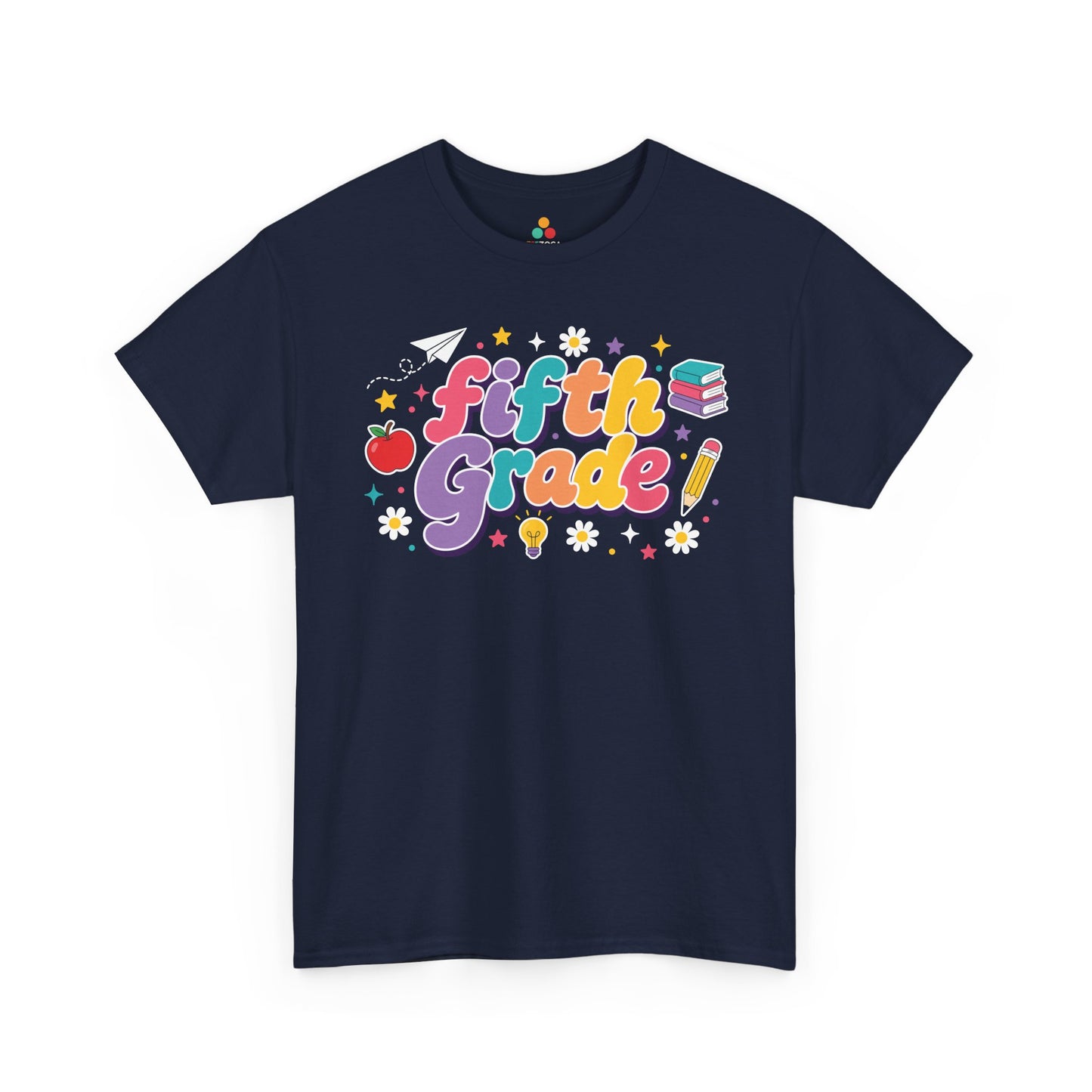 Navy t-shirt with 'fifth grade!' text and educational graphics on a white background. TEEZOCA t-shirt featuring oversized retro “Fifth Grade” bubble lettering, deep purple shadows, school icons, and colorful stars for a fifth grade teacher shirt.