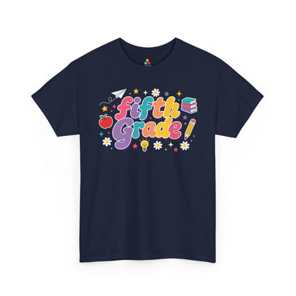 Navy t-shirt with 'fifth grade!' text and educational graphics on a white background. TEEZOCA t-shirt featuring oversized retro “Fifth Grade” bubble lettering, deep purple shadows, school icons, and colorful stars for a fifth grade teacher shirt.
