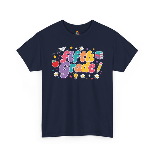 Navy t-shirt with 'fifth grade!' text and educational graphics on a white background. TEEZOCA t-shirt featuring oversized retro “Fifth Grade” bubble lettering, deep purple shadows, school icons, and colorful stars for a fifth grade teacher shirt.