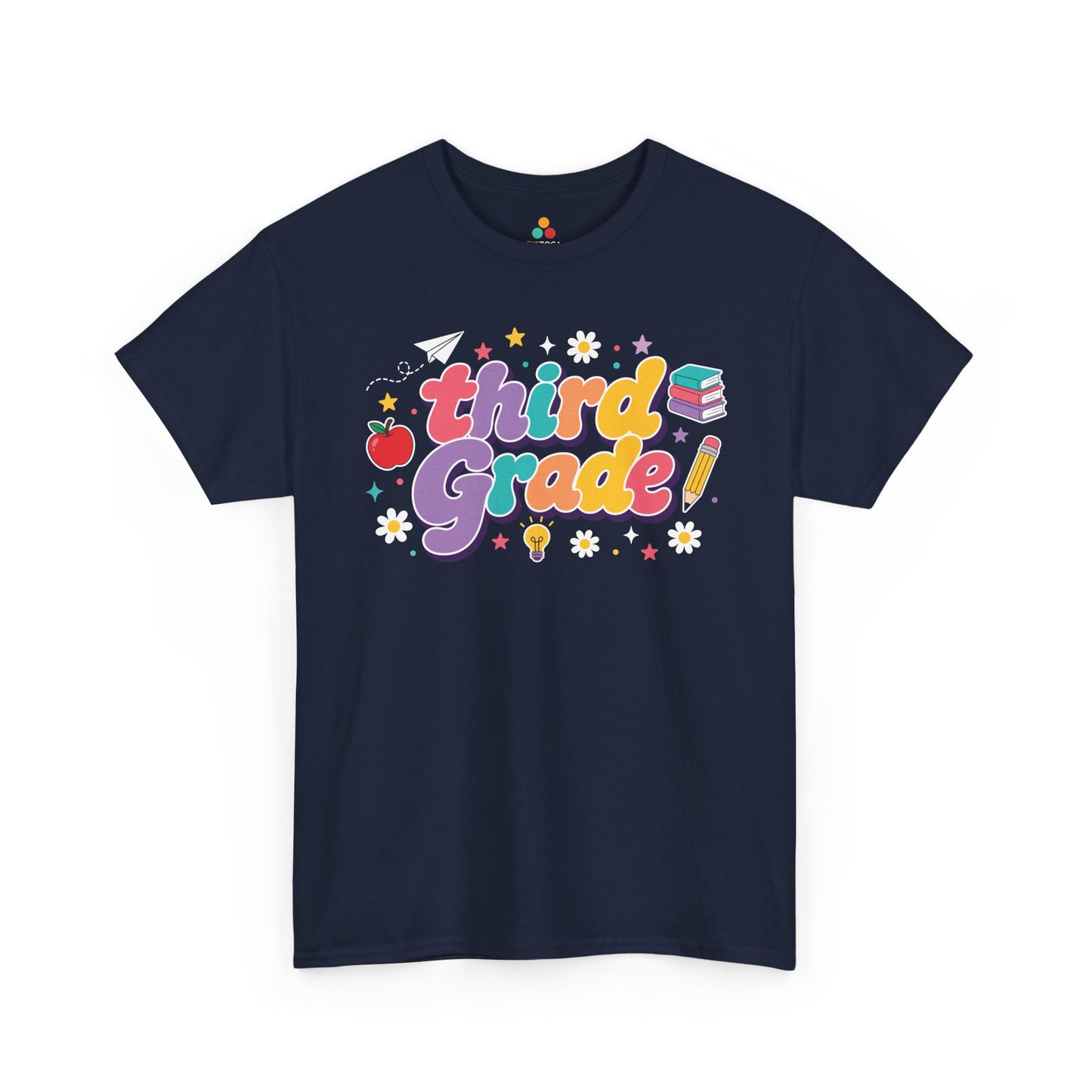 Navy t-shirt with 'third grade!' text and educational graphics on a white background. TEEZOCA t-shirt featuring oversized retro “Third Grade” bubble lettering, deep purple shadows, school icons, and colorful stars for a third grade teacher shirt.