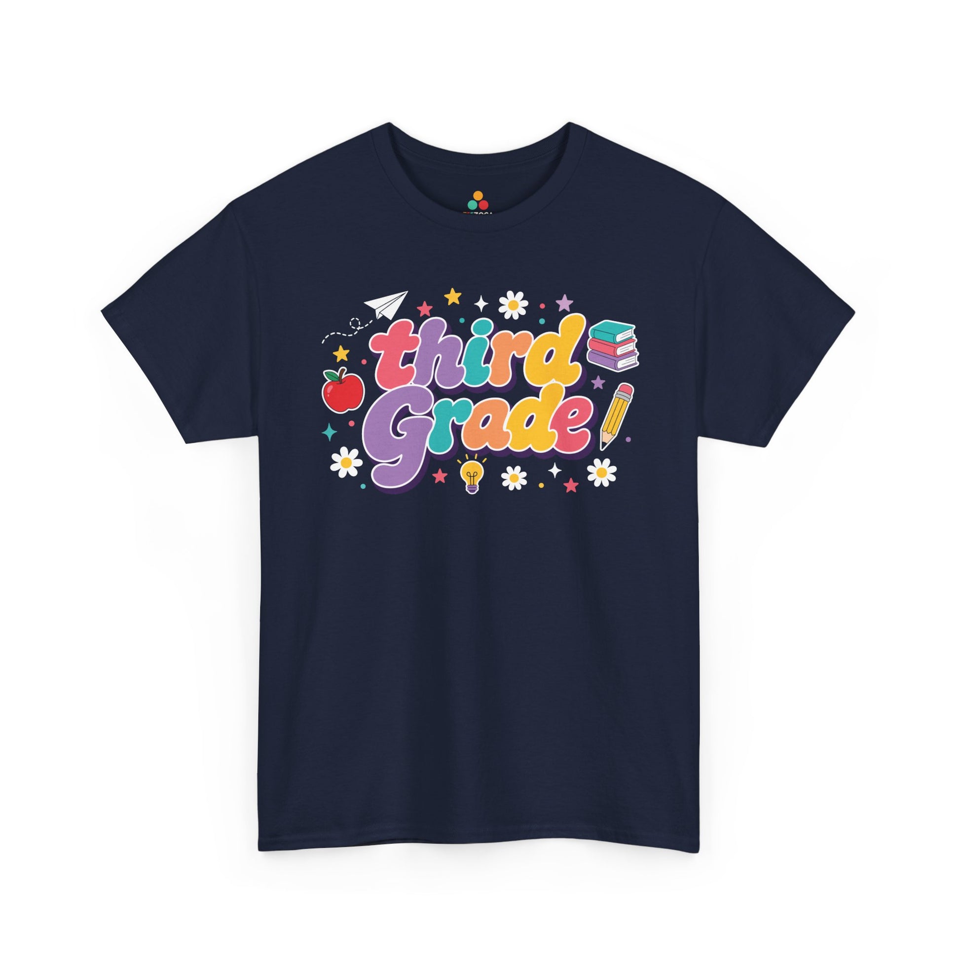 Navy t-shirt with 'third grade!' text and educational graphics on a white background. TEEZOCA t-shirt featuring oversized retro “Third Grade” bubble lettering, deep purple shadows, school icons, and colorful stars for a third grade teacher shirt.