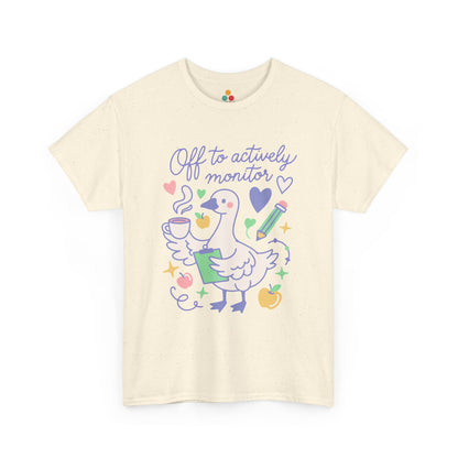Off to Actively Monitor Cute Teacher Goose Test Day T-Shirt – Funny Teachers State Testing Gift Tee | Cute teacher shirt by TEEZOCA with a funny goose holding a clipboard and Off to actively monitor classroom humor.

