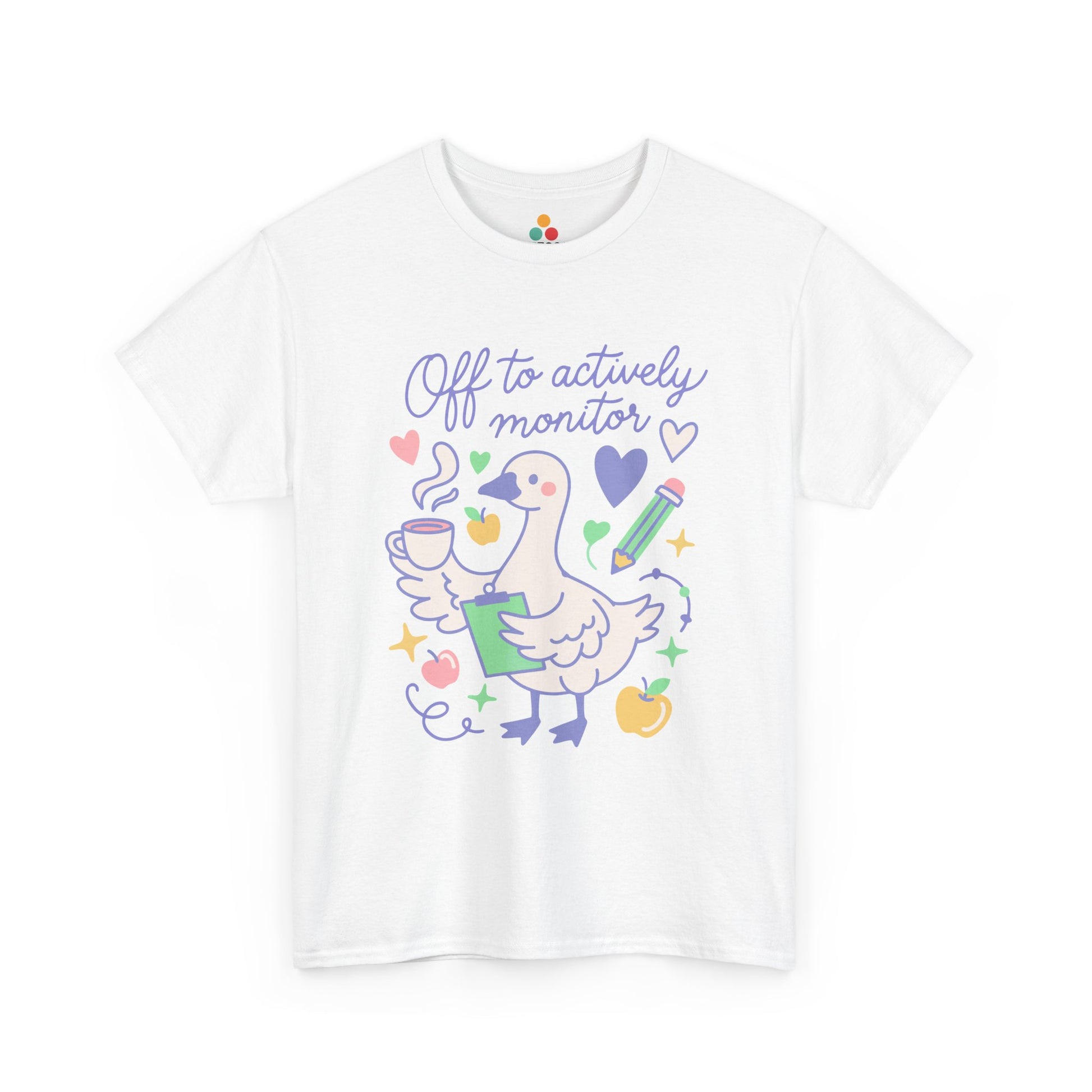 Off to Actively Monitor Cute Teacher Goose Test Day T-Shirt – Funny Teachers State Testing Gift Tee | TEEZOCA Unisex T-shirt with Cute Funny Teacher Shirt Off to Actively Monitor design, featuring a goose, clipboard, books, apples, and hearts.
