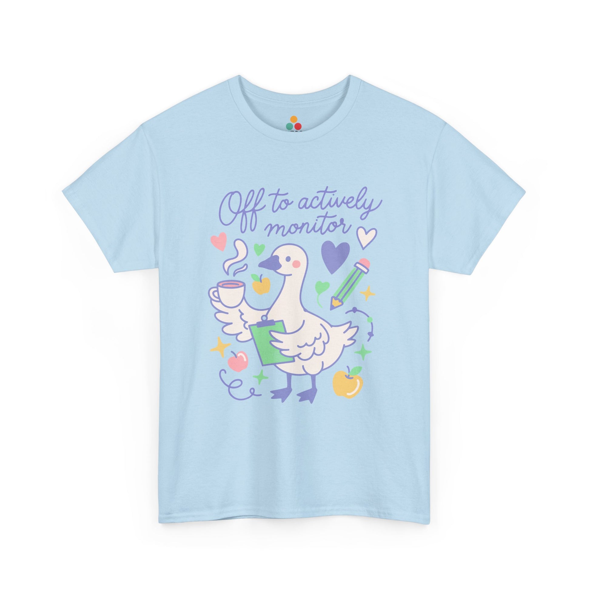 Off to Actively Monitor Cute Teacher Goose Test Day T-Shirt – Funny Teachers State Testing Gift Tee | TEEZOCA t-shirt featuring Cute Funny Teacher Shirt Off to Actively Monitor artwork with a pastel goose and classroom supplies.
