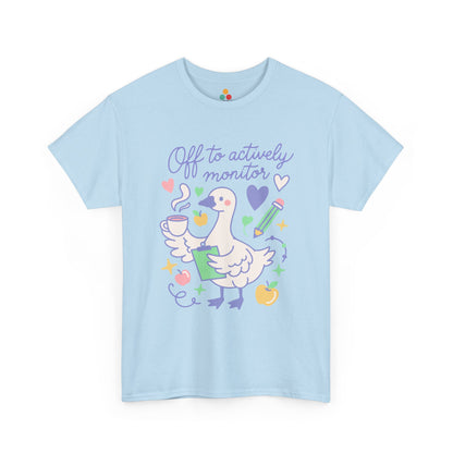 Off to Actively Monitor Cute Teacher Goose Test Day T-Shirt – Funny Teachers State Testing Gift Tee | TEEZOCA t-shirt featuring Cute Funny Teacher Shirt Off to Actively Monitor artwork with a pastel goose and classroom supplies.
