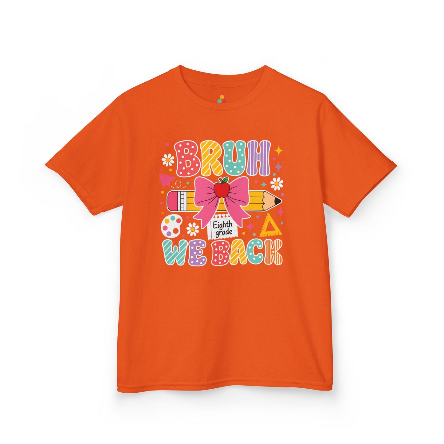 Orange TEEZOCA Bruh We Back Eighth Grade kids shirt with polka-dot lettering, a funny back to school tee for students.
