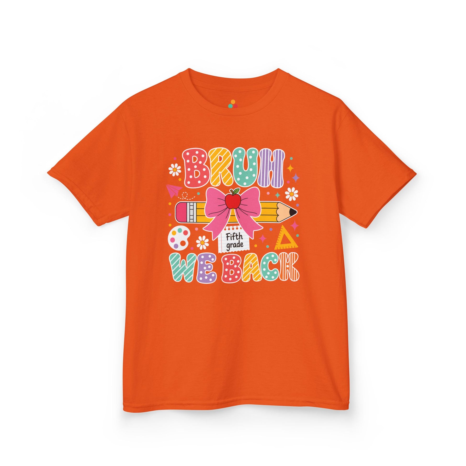 Orange TEEZOCA Bruh We Back Fifth Grade kids shirt with polka-dot lettering, a funny back to school tee for students.
