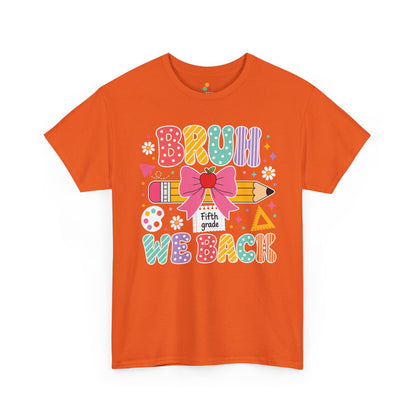 Orange TEEZOCA Bruh We Back Fifth Grade shirt with polka-dot lettering, a funny teacher back to school tee for the new school year.
