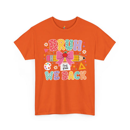 Orange TEEZOCA Bruh We Back First Grade shirt with polka-dot lettering, a funny teacher back to school tee for the new school year.
