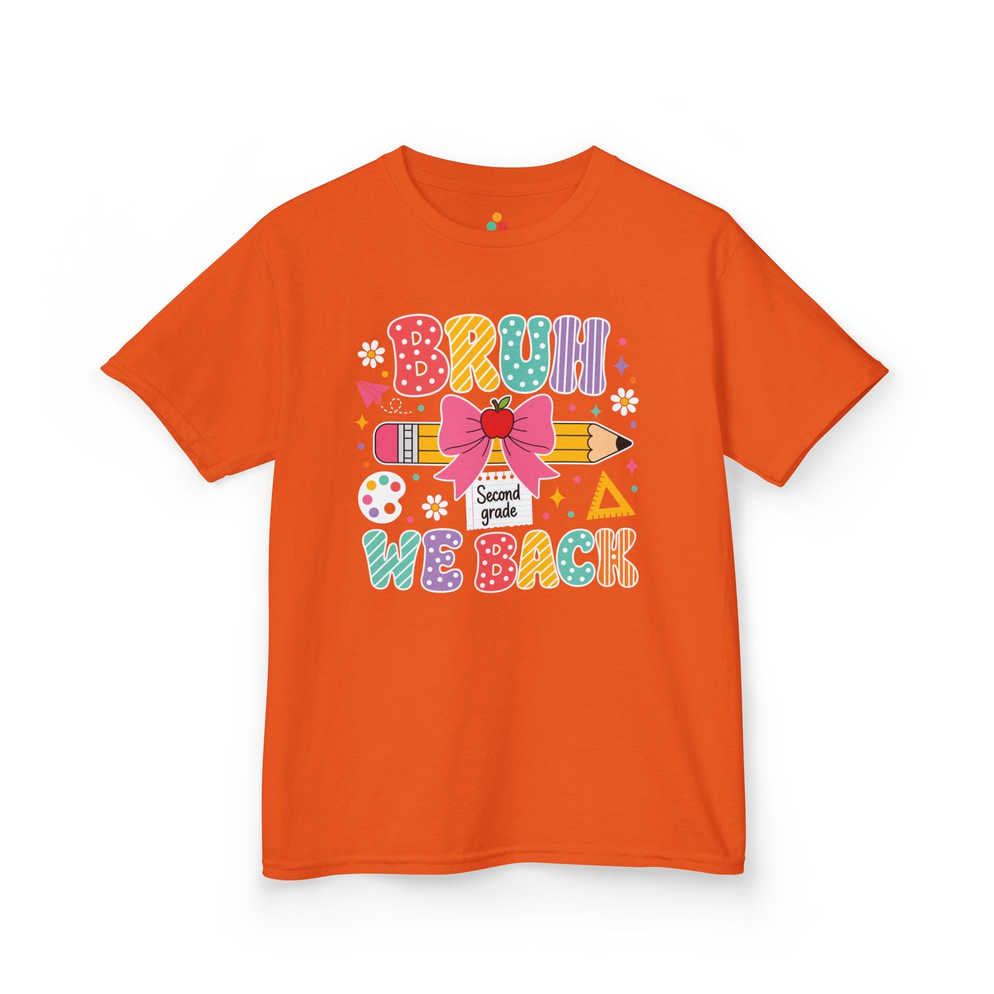 Orange TEEZOCA Bruh We Back Second Grade kids shirt with polka-dot lettering, a funny back to school tee for students.
