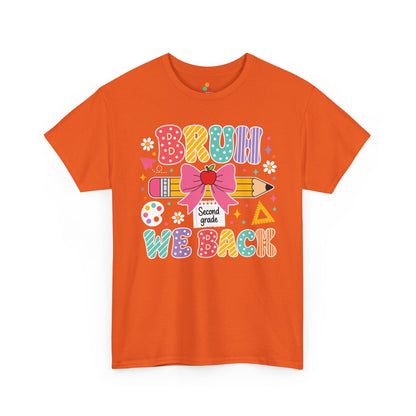 Orange TEEZOCA Bruh We Back Second Grade shirt with polka-dot lettering, a funny teacher back to school tee for the new school year.
