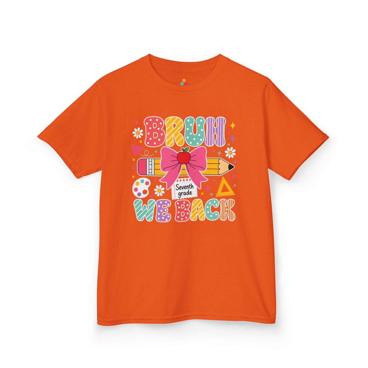 Orange TEEZOCA Bruh We Back Seventh Grade kids shirt with polka-dot lettering, a funny back to school tee for students.
