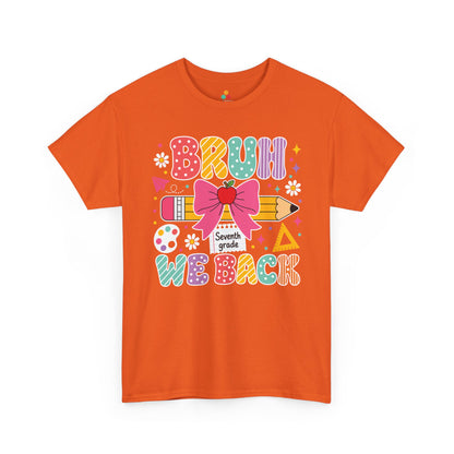 Orange TEEZOCA Bruh We Back Seventh Grade shirt with polka-dot lettering, a funny teacher back to school tee for the new school year.
