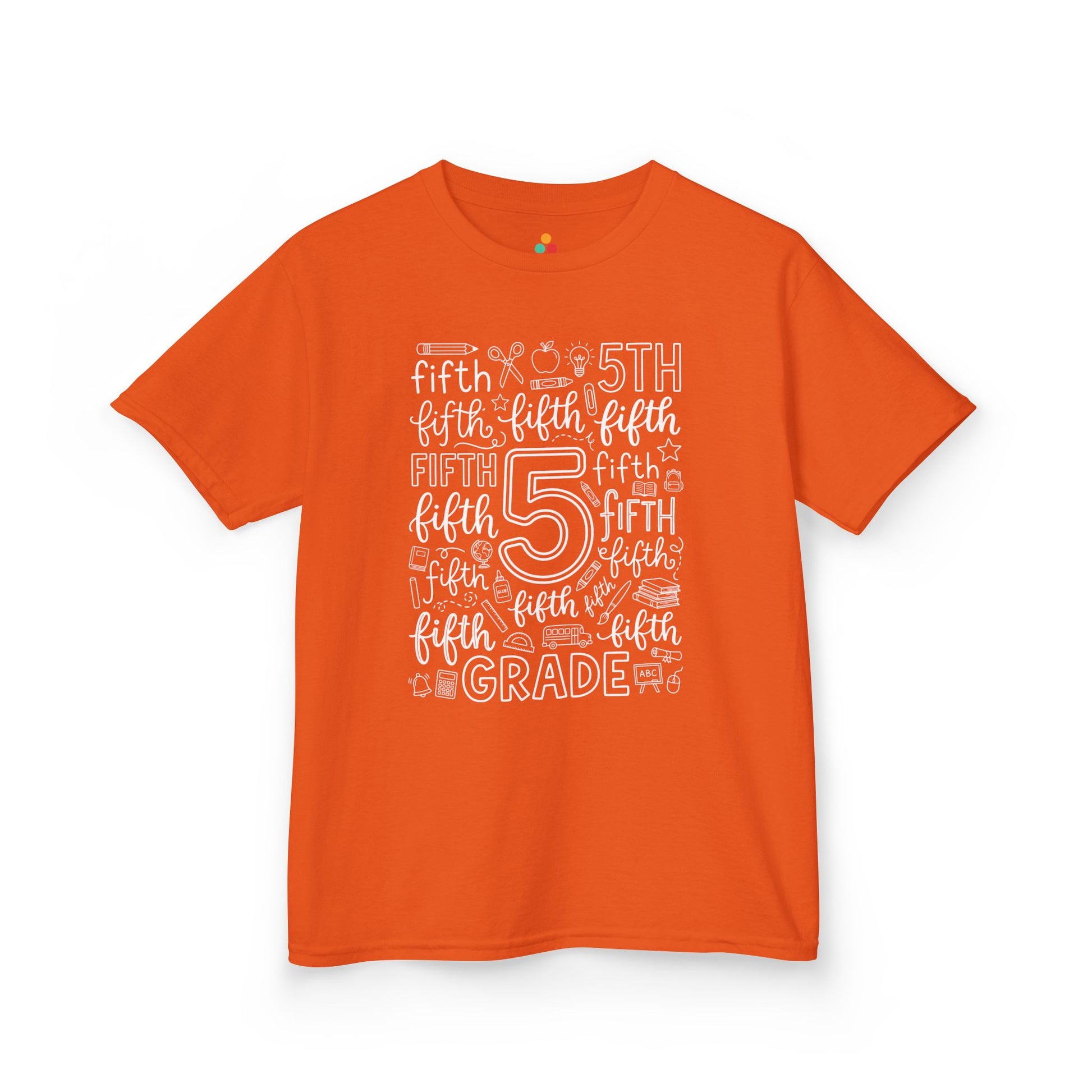 Orange TEEZOCA fifth grade typography kids tee with an outlined number five center, a cute back to school shirt for kids.
