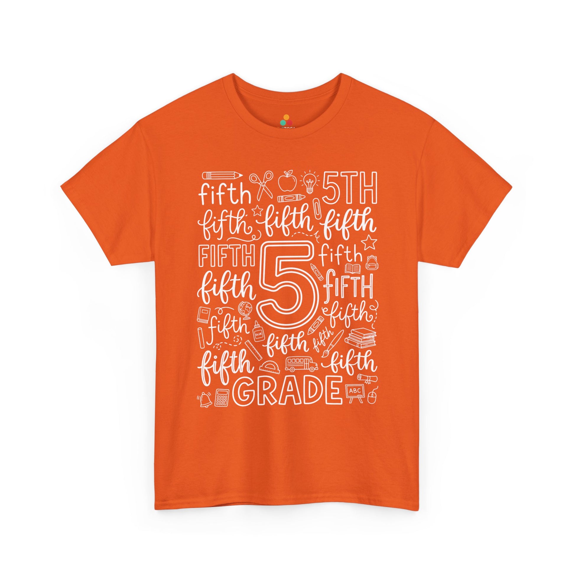 Orange TEEZOCA fifth grade typography tee with an outlined number five center, a unisex adult teacher shirt for the new school year.
