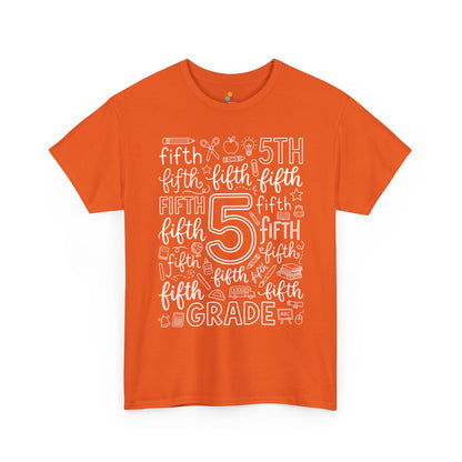 Orange TEEZOCA fifth grade typography tee with an outlined number five center, a unisex adult teacher shirt for the new school year.

