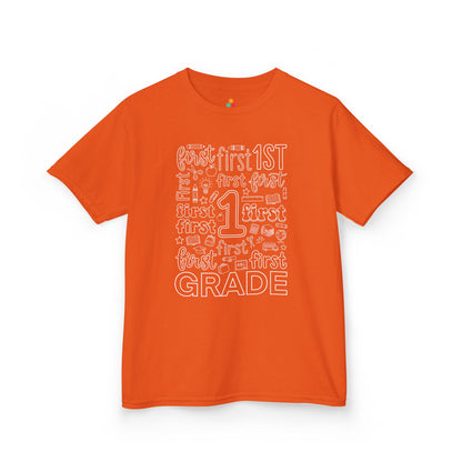 Orange TEEZOCA first grade typography kids tee with an outlined number one center, a cute back to school shirt for kids.
