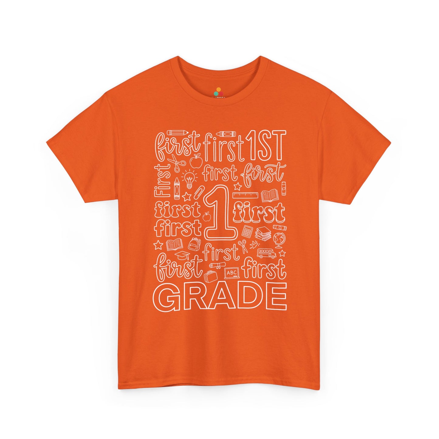 Orange TEEZOCA first grade typography tee with an outlined number one center, a unisex adult teacher shirt for the new school year.
