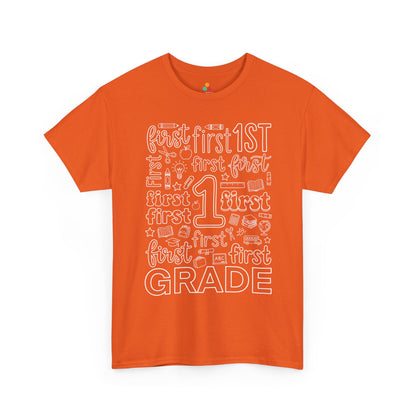 Orange TEEZOCA first grade typography tee with an outlined number one center, a unisex adult teacher shirt for the new school year.
