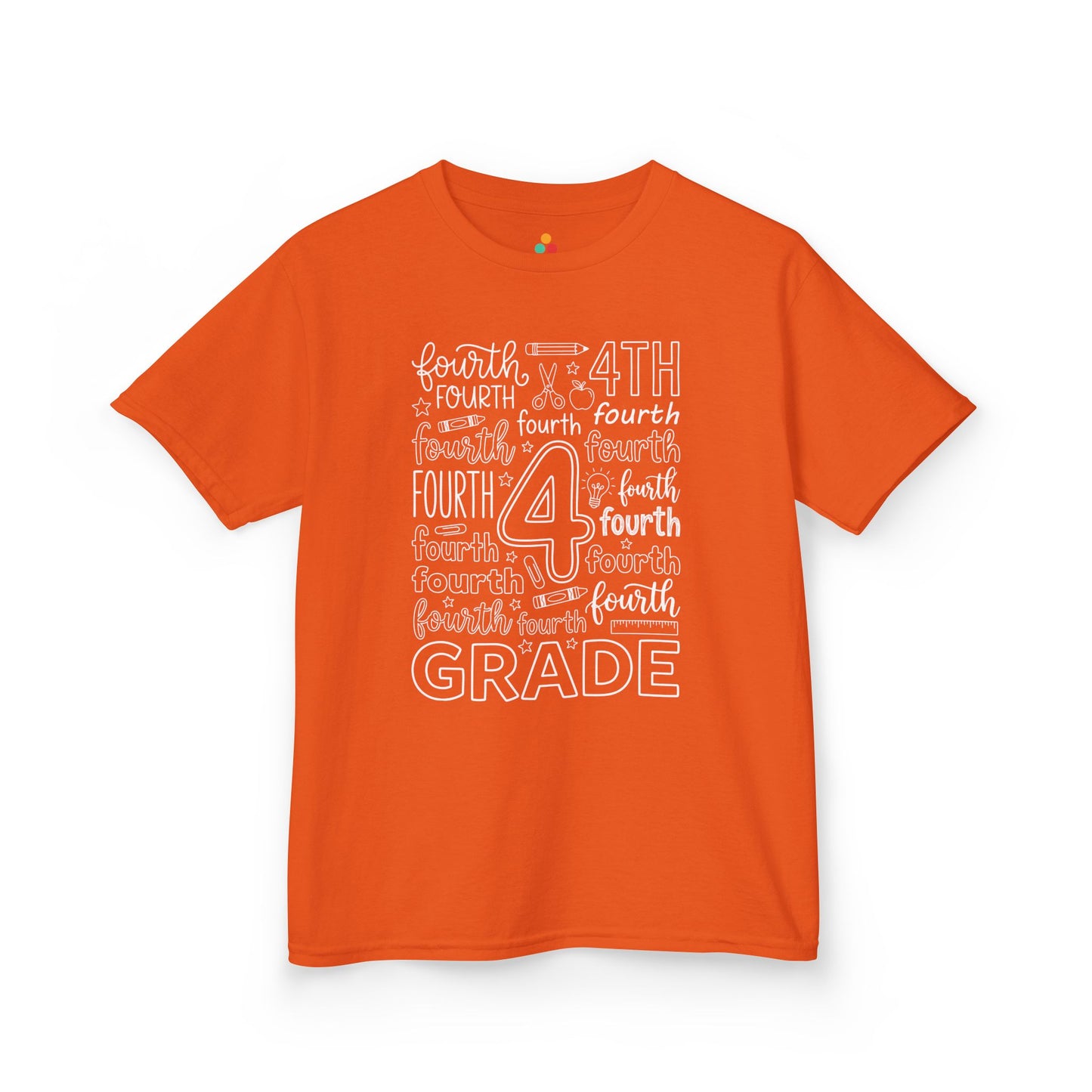 Orange TEEZOCA fourth grade typography kids tee with an outlined number four center, a cute back to school shirt for kids.
