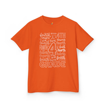 Orange TEEZOCA fourth grade typography kids tee with an outlined number four center, a cute back to school shirt for kids.
