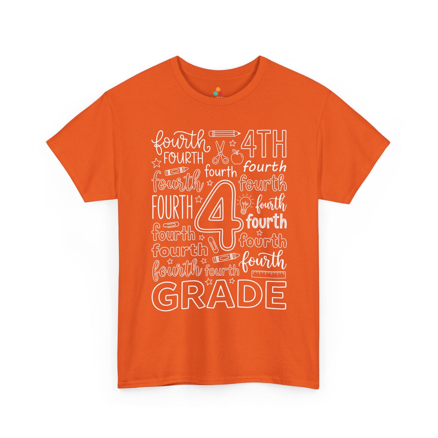 Orange TEEZOCA fourth grade typography tee with an outlined number four center, a unisex adult teacher shirt for the new school year.

