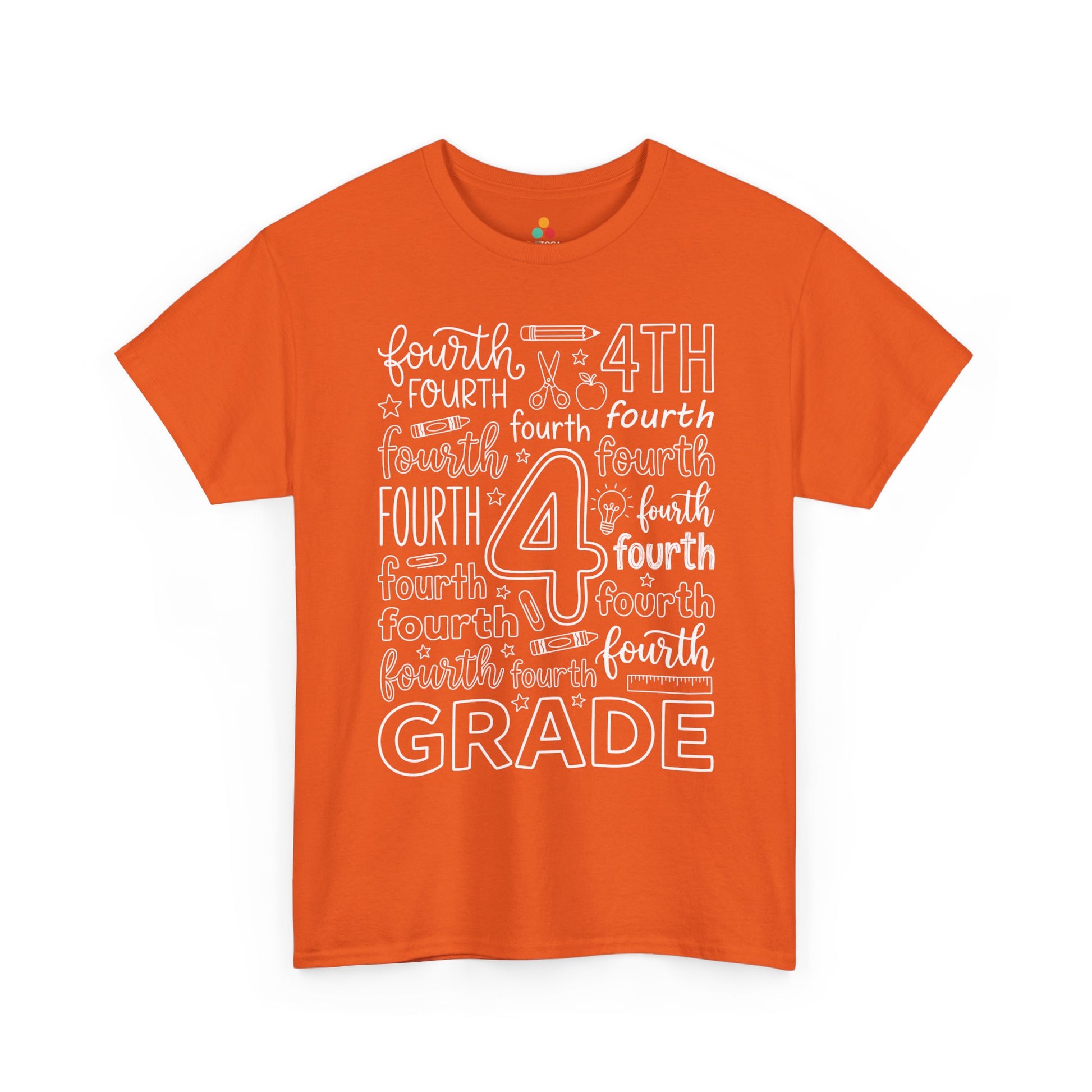 Orange TEEZOCA fourth grade typography tee with an outlined number four center, a unisex adult teacher shirt for the new school year.
