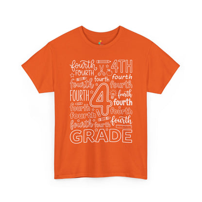 Orange TEEZOCA fourth grade typography tee with an outlined number four center, a unisex adult teacher shirt for the new school year.
