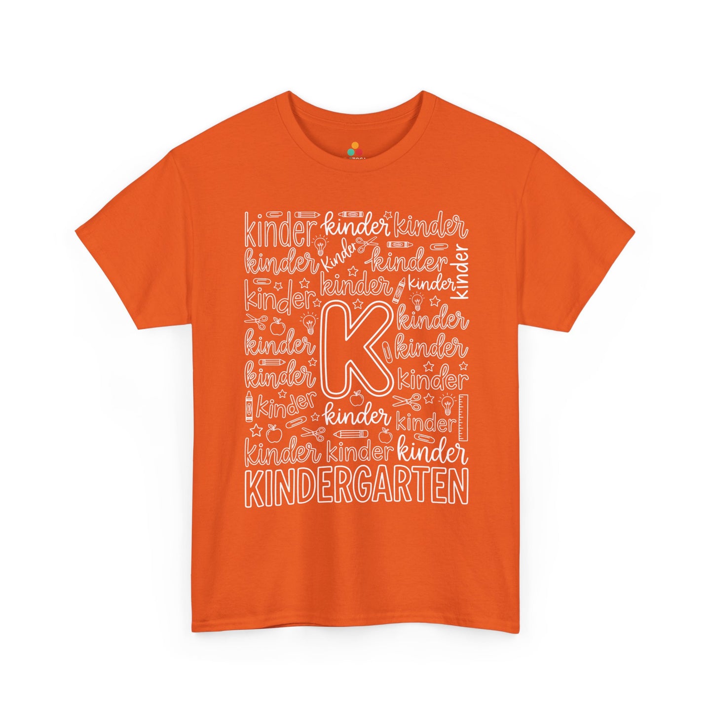 Orange TEEZOCA kindergarten typography tee with an outlined K center, a unisex adult teacher shirt for the new school year.
