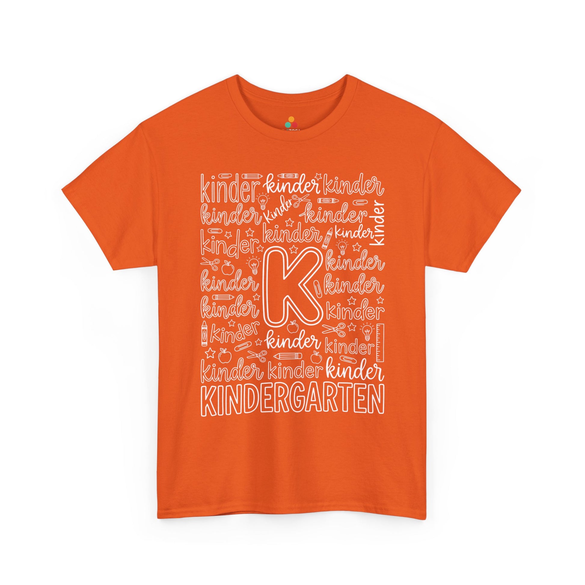 Orange TEEZOCA kindergarten typography tee with an outlined K center, a unisex adult teacher shirt for the new school year.
