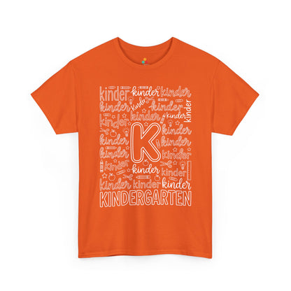 Orange TEEZOCA kindergarten typography tee with an outlined K center, a unisex adult teacher shirt for the new school year.
