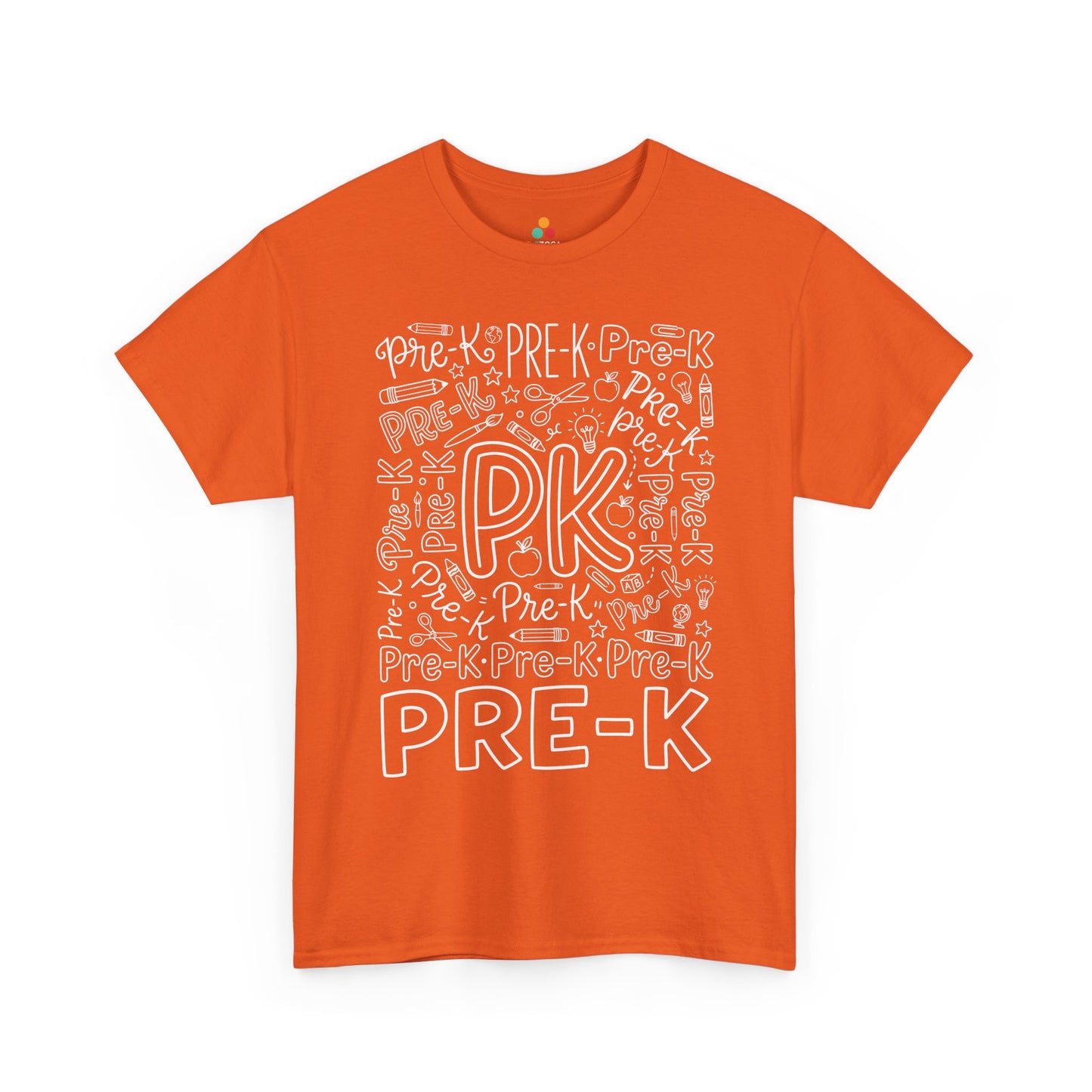 Orange TEEZOCA pre-k typography tee with an outlined PK center, a unisex adult teacher shirt for the new school year.
