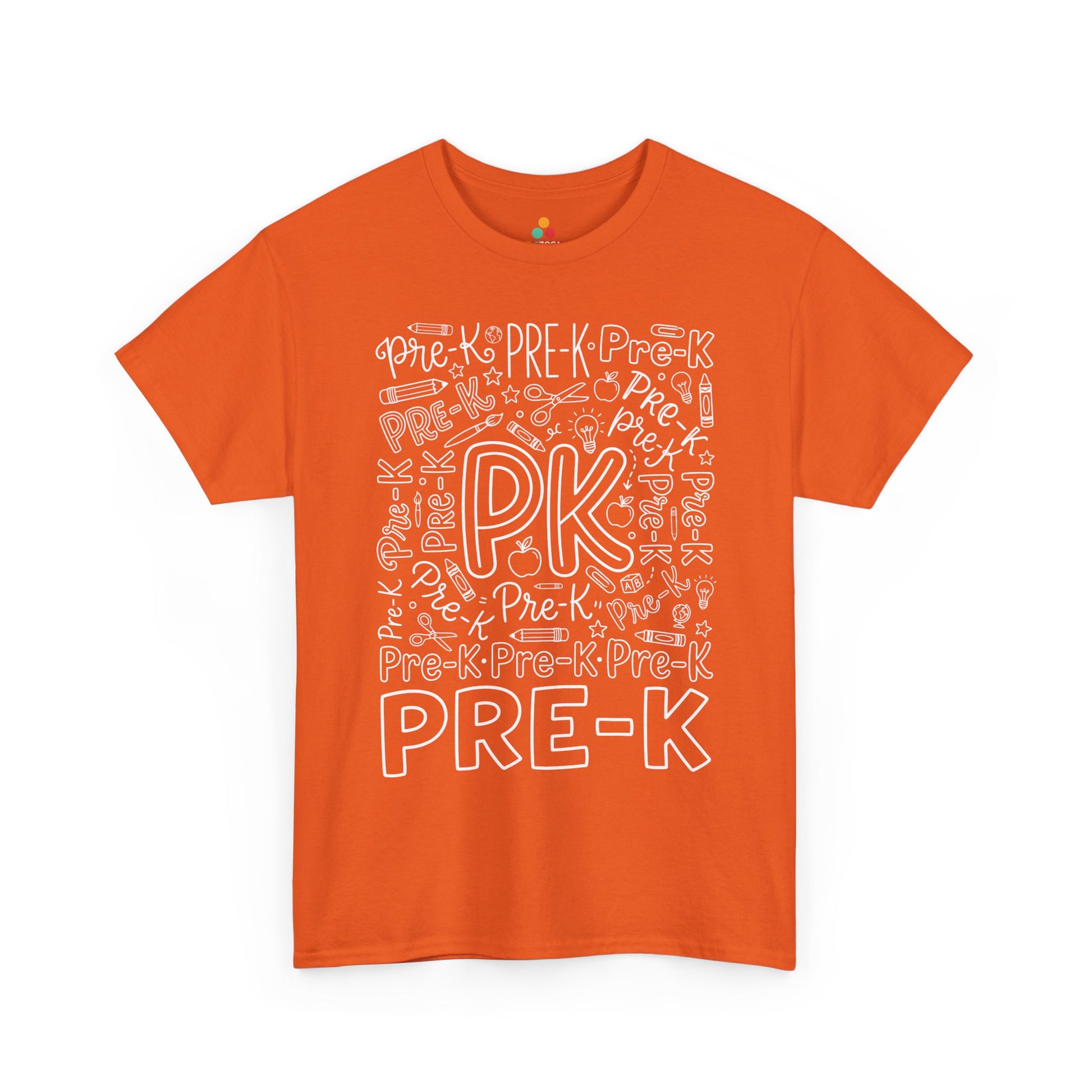 Orange TEEZOCA pre-k typography tee with an outlined PK center, a unisex adult teacher shirt for the new school year.
