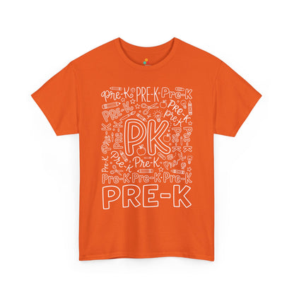 Orange TEEZOCA pre-k typography tee with an outlined PK center, a unisex adult teacher shirt for the new school year.
