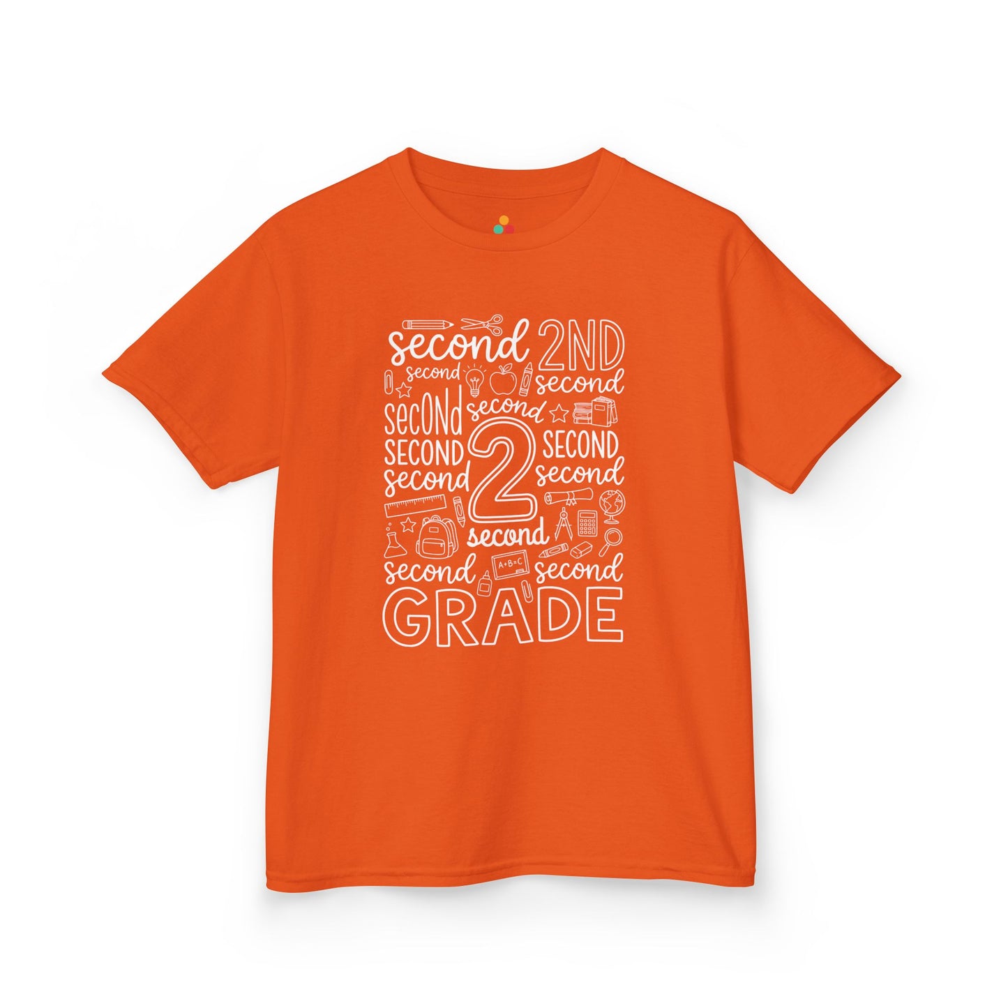 Orange TEEZOCA second grade typography kids tee with an outlined number two center, a cute back to school shirt for kids.
