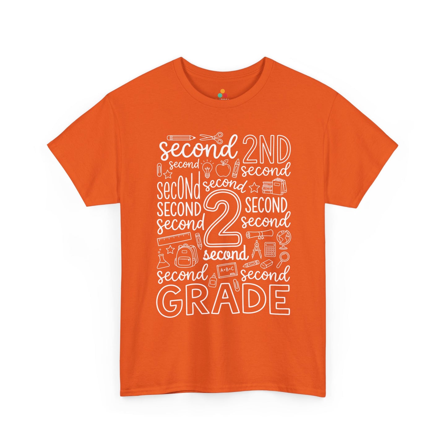 Orange TEEZOCA second grade typography tee with an outlined number two center, a unisex adult teacher shirt for the new school year.
