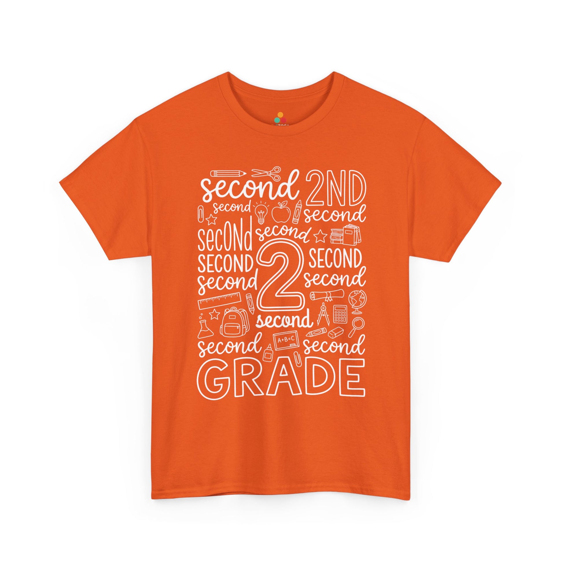 Orange TEEZOCA second grade typography tee with an outlined number two center, a unisex adult teacher shirt for the new school year.
