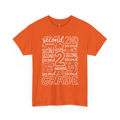 Orange TEEZOCA second grade typography tee with an outlined number two center, a unisex adult teacher shirt for the new school year.
