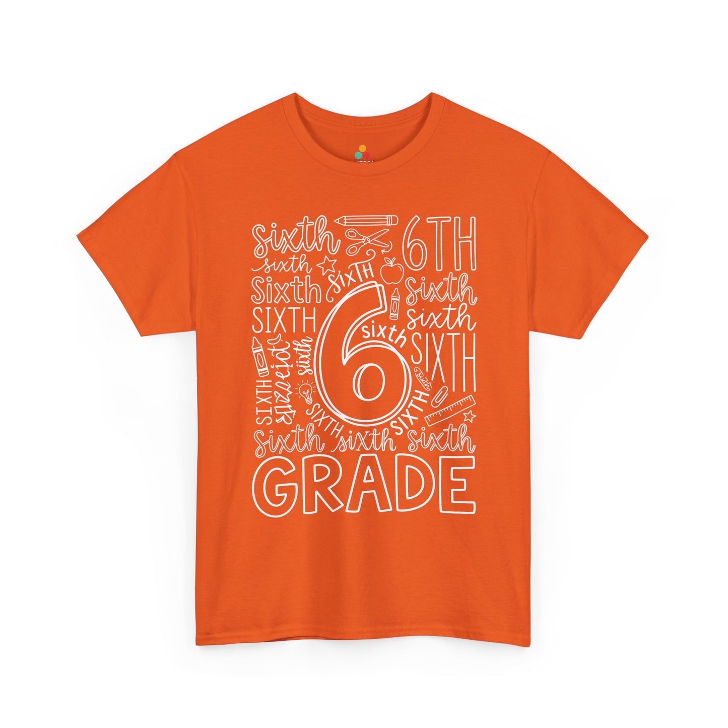 Orange TEEZOCA sixth grade typography tee with an outlined number six center, a unisex adult teacher shirt for the new school year.
