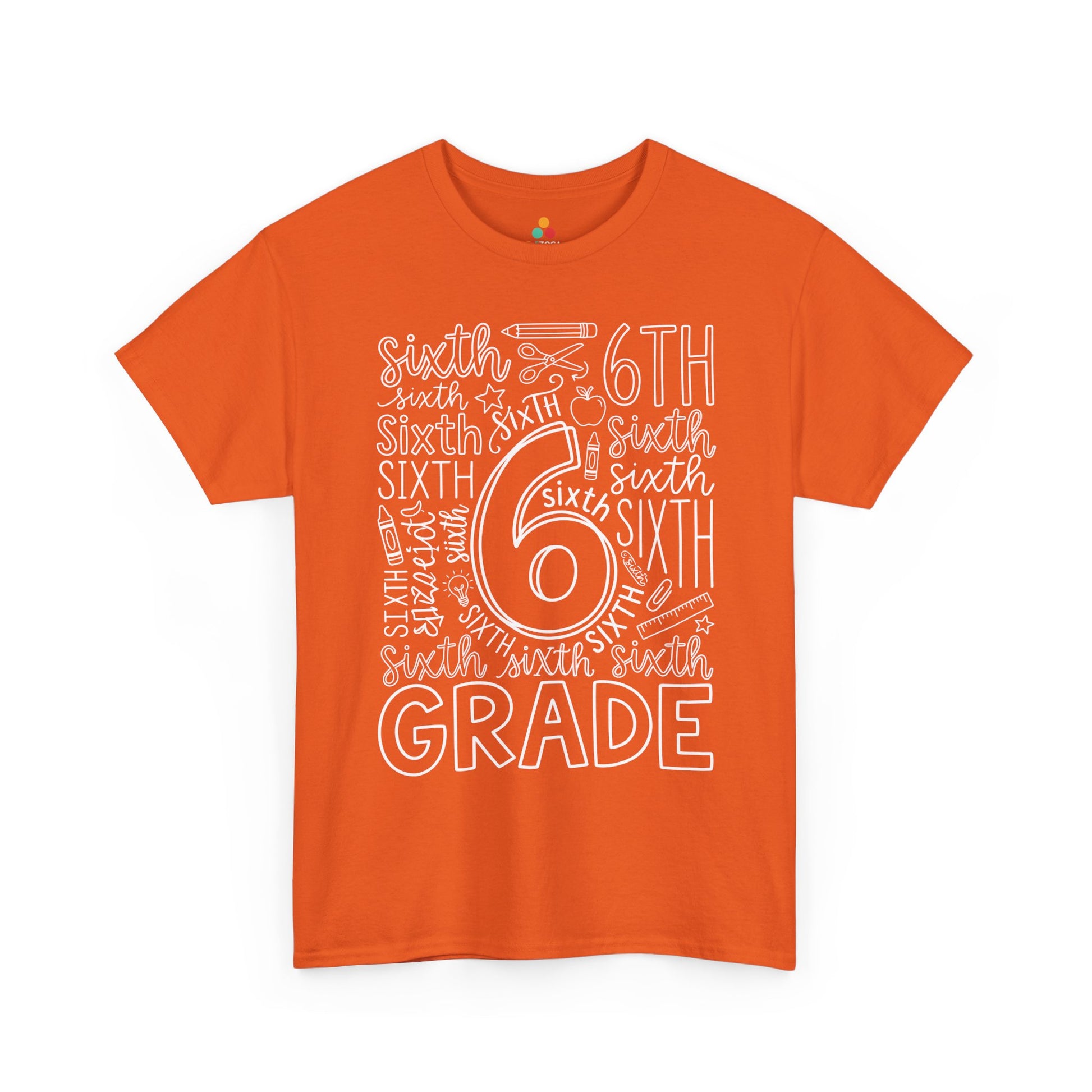 Orange TEEZOCA sixth grade typography tee with an outlined number six center, a unisex adult teacher shirt for the new school year.
